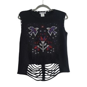 Adam Jones Paris Large 100% Merino Wool Black Open Slit Back Tank Top Gem Bird